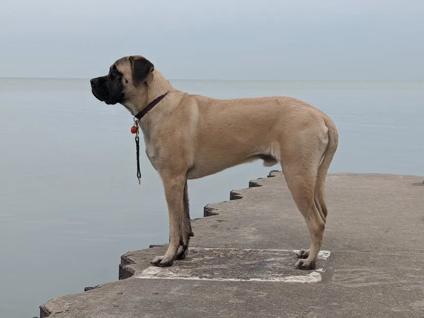 A majestic Kangal dog stands attentively on a pier, gazing over calm waters in Chicago.