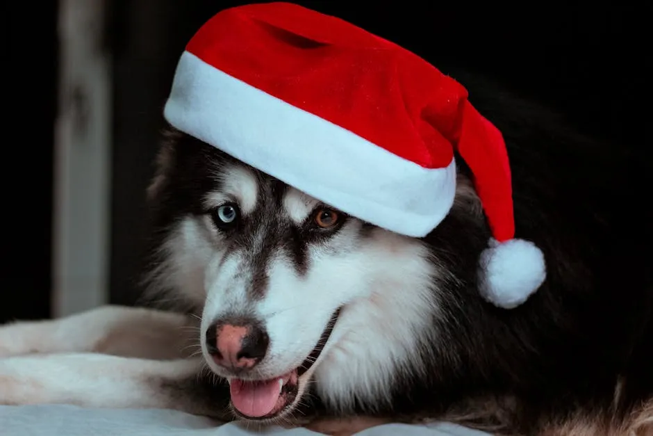 Charming Siberian Husky wearing a Santa hat, perfect for festive holiday themes.