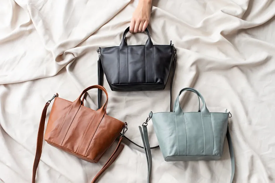 Top view of three stylish leather bags in black, brown, and gray on a soft fabric surface.