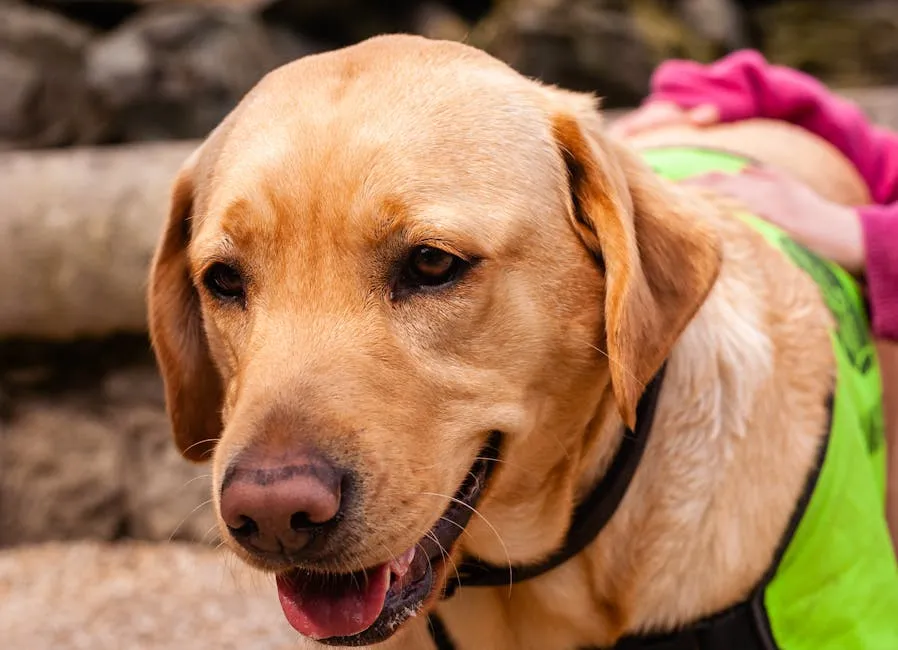 Close-up of a happy Labrador Retriever wearing a green vest outdoors in Dublin, Ireland.