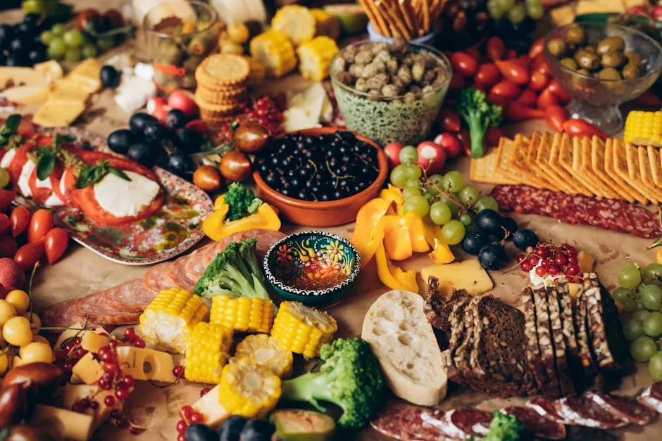 Colorful spread of fresh vegetables, fruits, cheeses, and snacks on a rustic table.