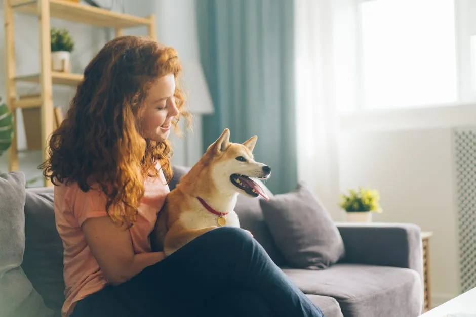 Red-haired woman seated on a cozy sofa indoors, enjoying time with her Shiba Inu pet.