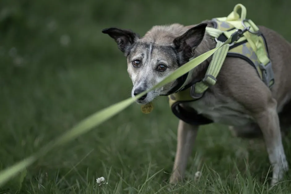 Grey Dog in Harness on a Leash