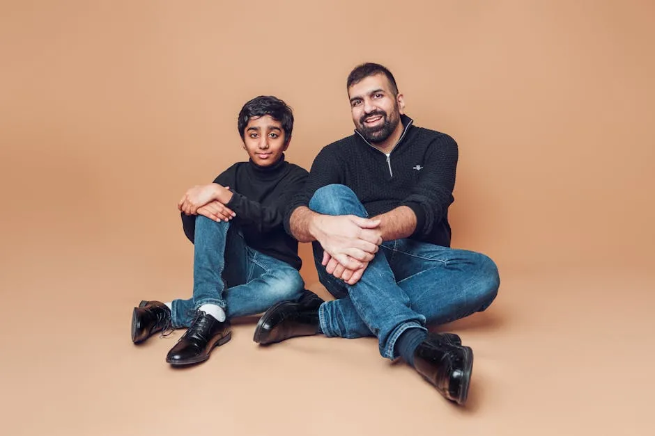 Smiling Father Sitting with Son