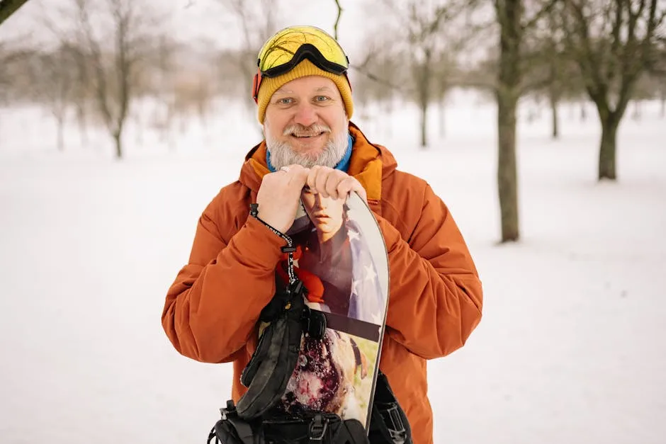 Elderly Man Holding a Snowboard