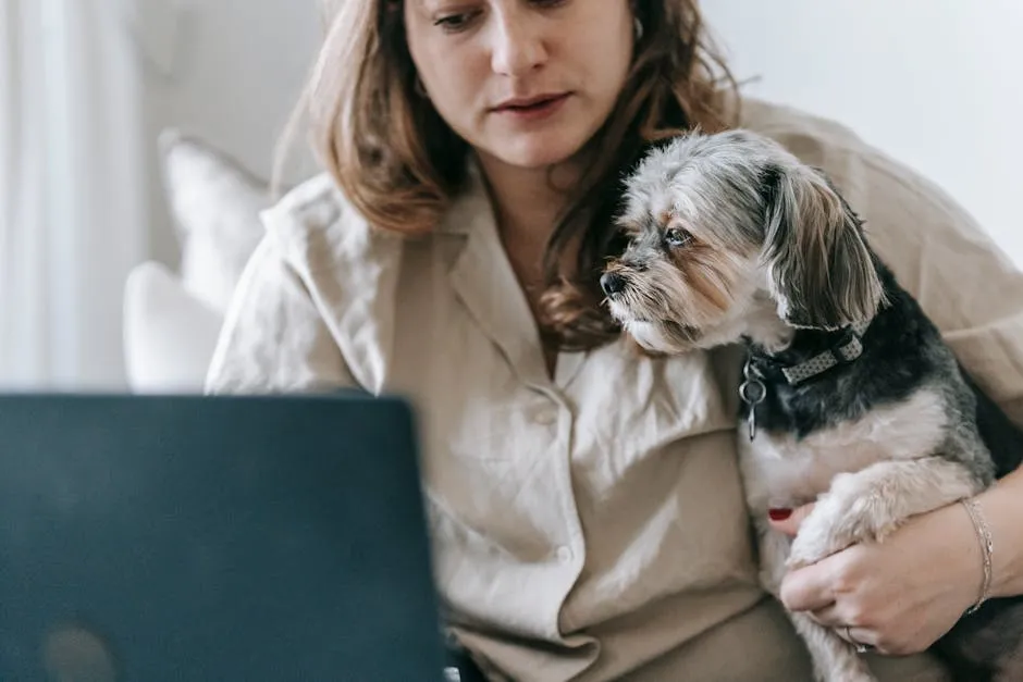 Woman with Morkie dog working from home on laptop. Cozy and productive setting.