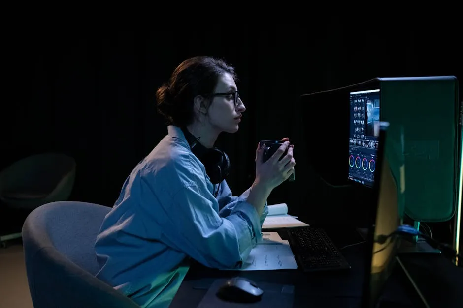 Woman looking at a Monitor while holding a Mug 